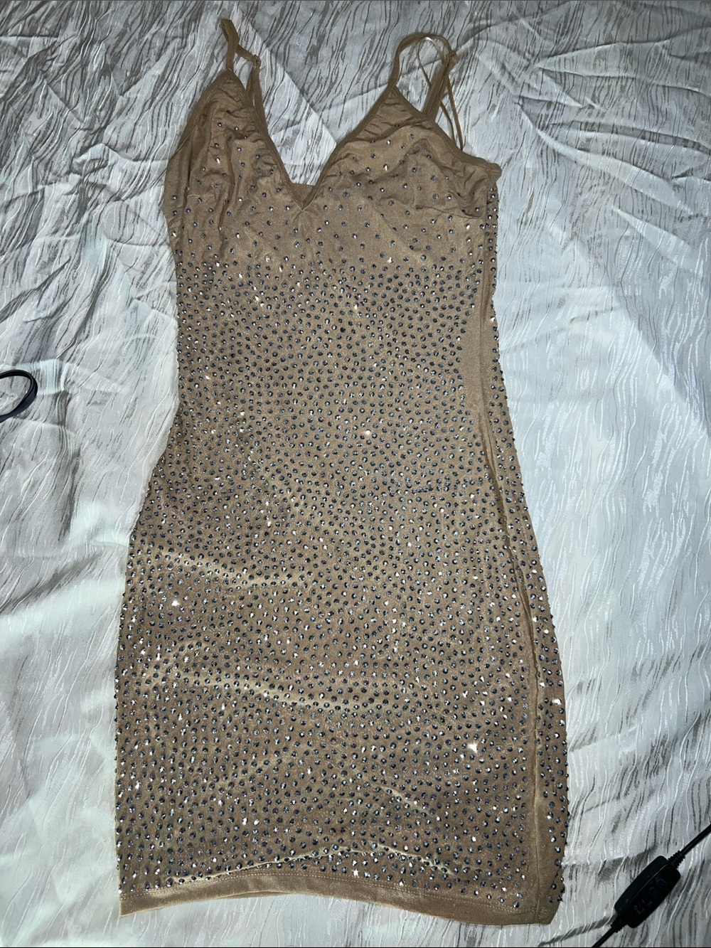 Beige Rhinestone Bodycon Slip Dress - Elegant Evening Wear